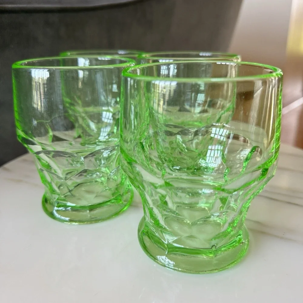 4 - Vintage Green Vaseline Uranium Glass Tumbler Honeycomb Georgian Cambridge